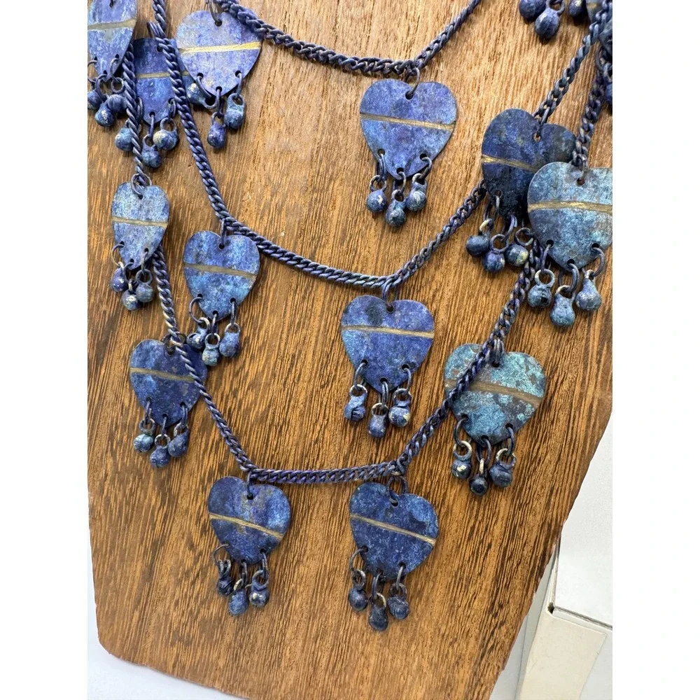 Blue Patina Heart Multi Strand Tiered Necklace & Dangle Earrings Jewelry Set Vtg